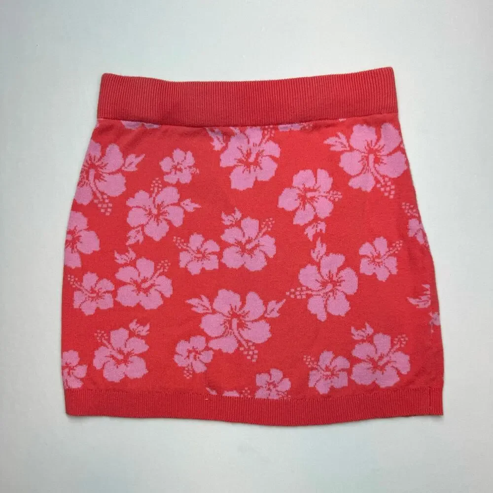 Art Class Hibiscus Knit Mini Skirt L 10/12 Red Pink Floral Y2K Coconut Girl Boho - Picture 3 of 10
